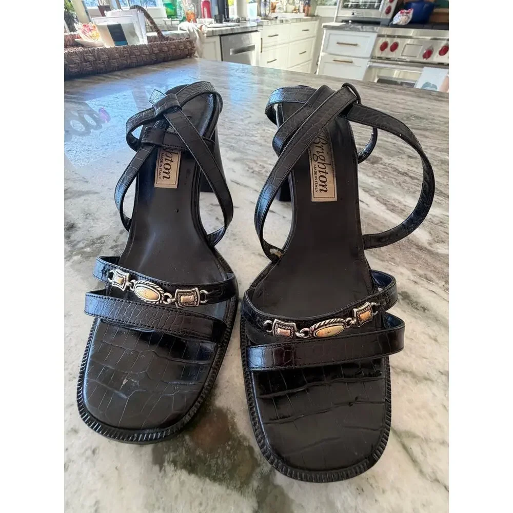 Brighton Black Croc Embossed Leather Heels Sandals Size 7.5 Boho Western